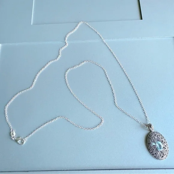 Natural Blue Topaz & Marcasite Oval Sterling Silver Pendant Necklace JC …
